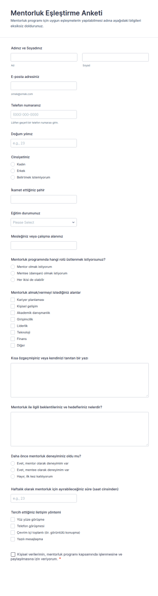 Mentorluk Eşleştirme Anketi Form Şablonu