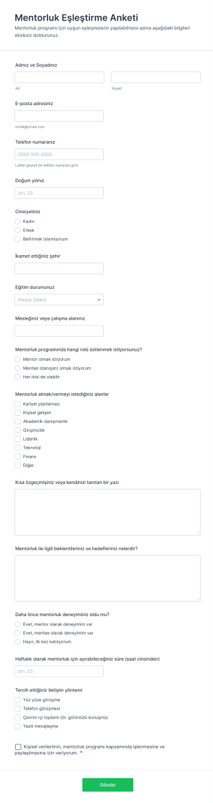 Mentorluk Eşleştirme Anketi Form Şablonu