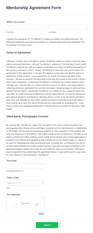 Mentorship Agreement Form Template