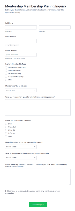 Mentorship Membership Pricing Inquiry Form Template