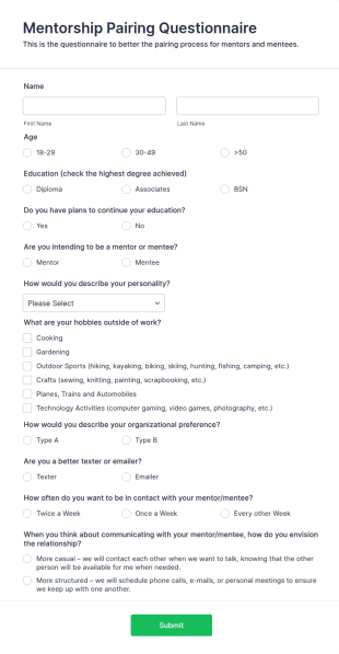 Mentorship Pairing Questionnaire Form Template