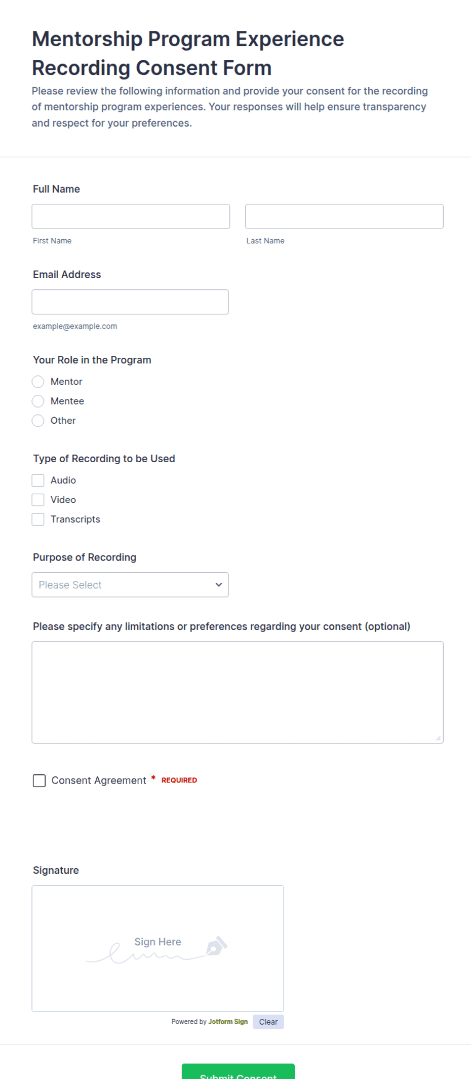 Mentorship Program Experience Recording Consent Form Template | Jotform