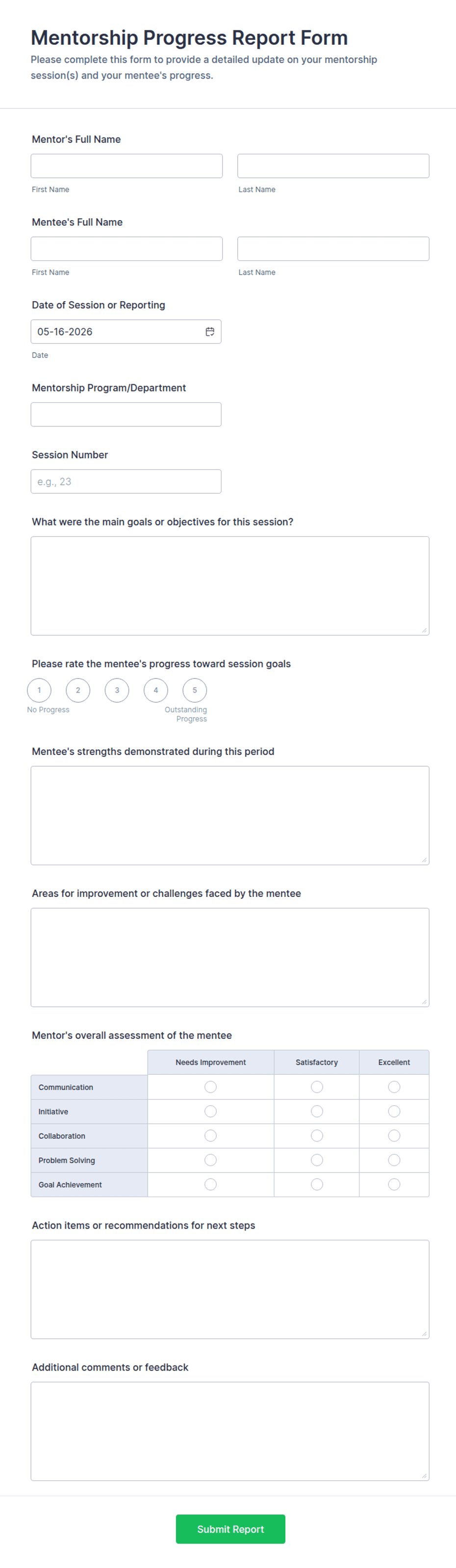 Mentorship Progress Report Form Template | Jotform