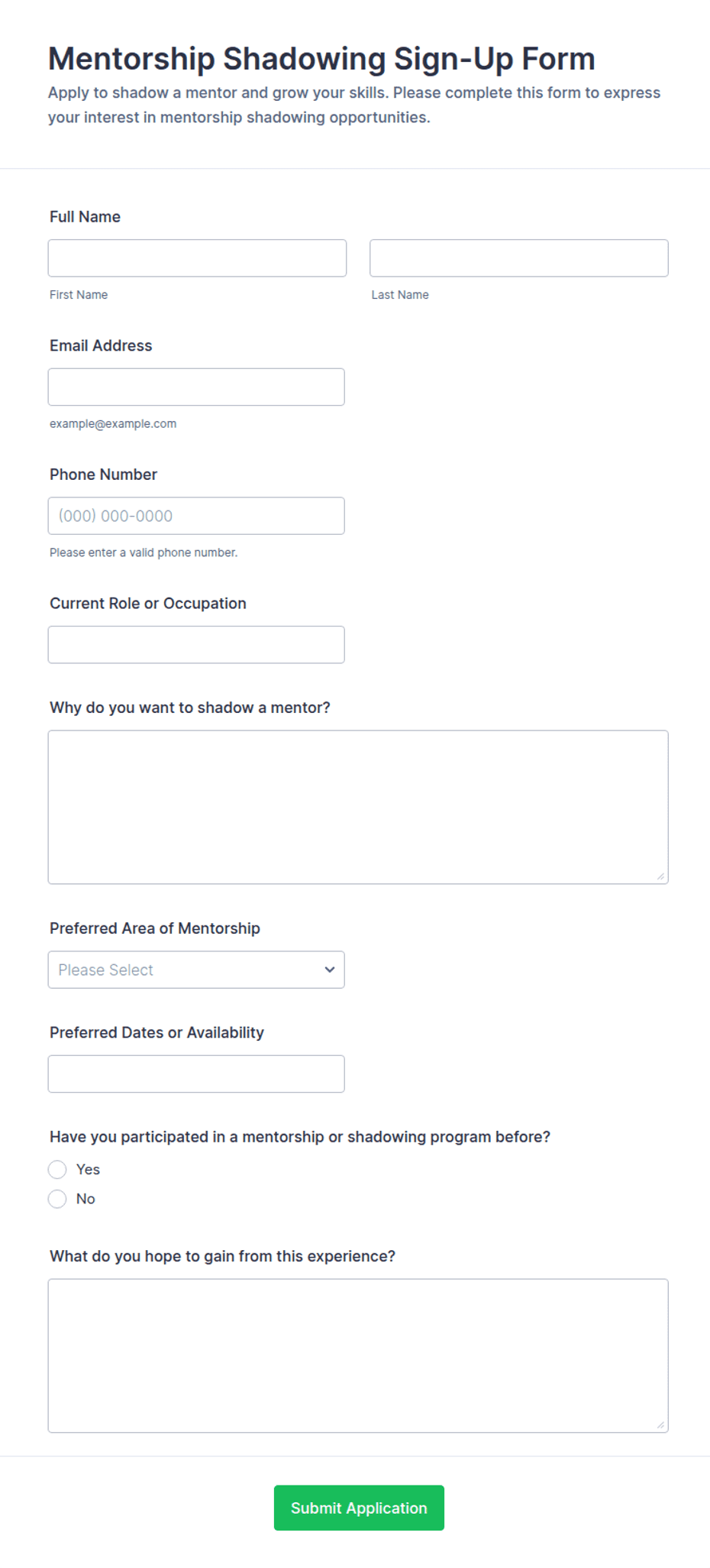 Mentorship Shadowing Sign-Up Form Template | Jotform