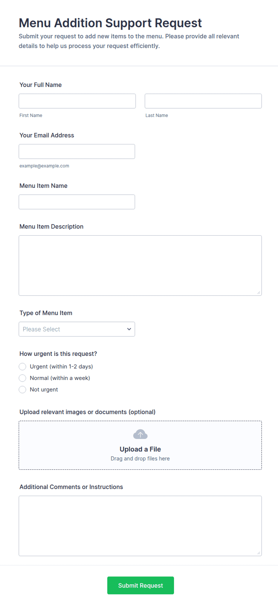 Changing Menu Form Menu Addition Support Request Form Template | Jotform