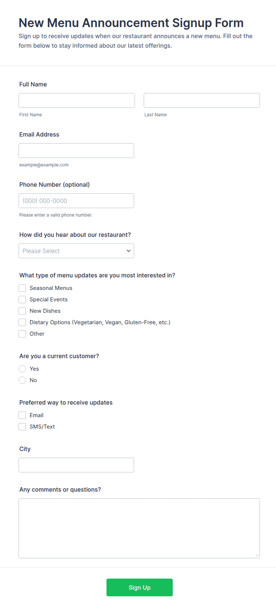 Menu Announcement Signup Form Template | Jotform