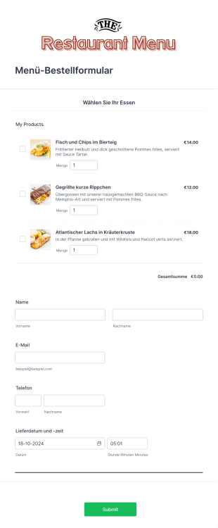 Menü Bestellformular Form Template