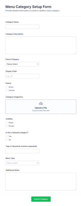 Menu Category Setup Form Template