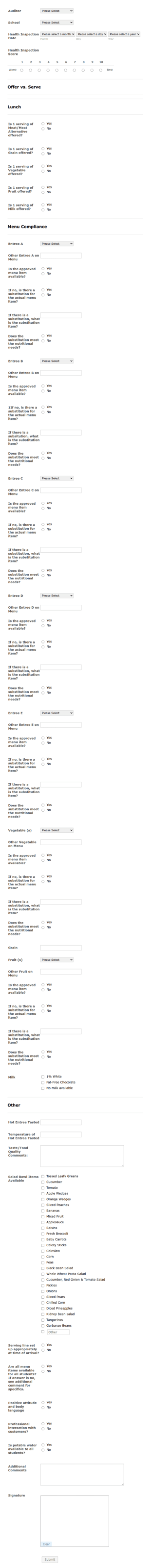 Menu Compliance Audit Form Template