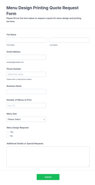 Menu Design Printing Quote Request Form Template