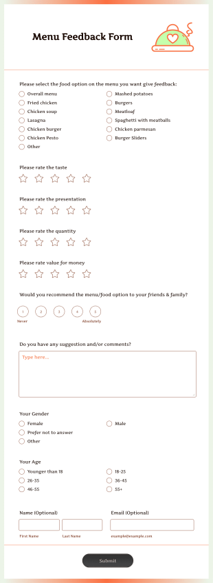 Menu Feedback Form Template
