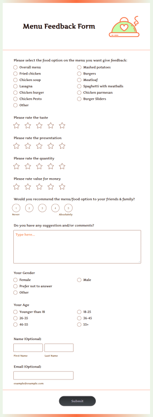 Menu Feedback Form Template