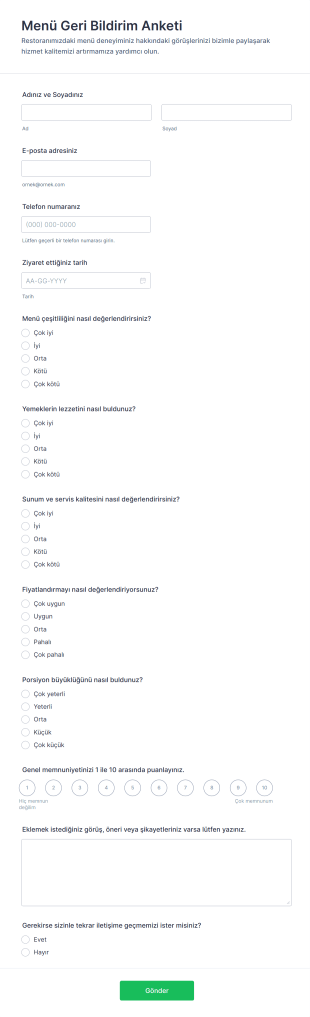 Menü Geri Bildirim Anketi Form Şablonu