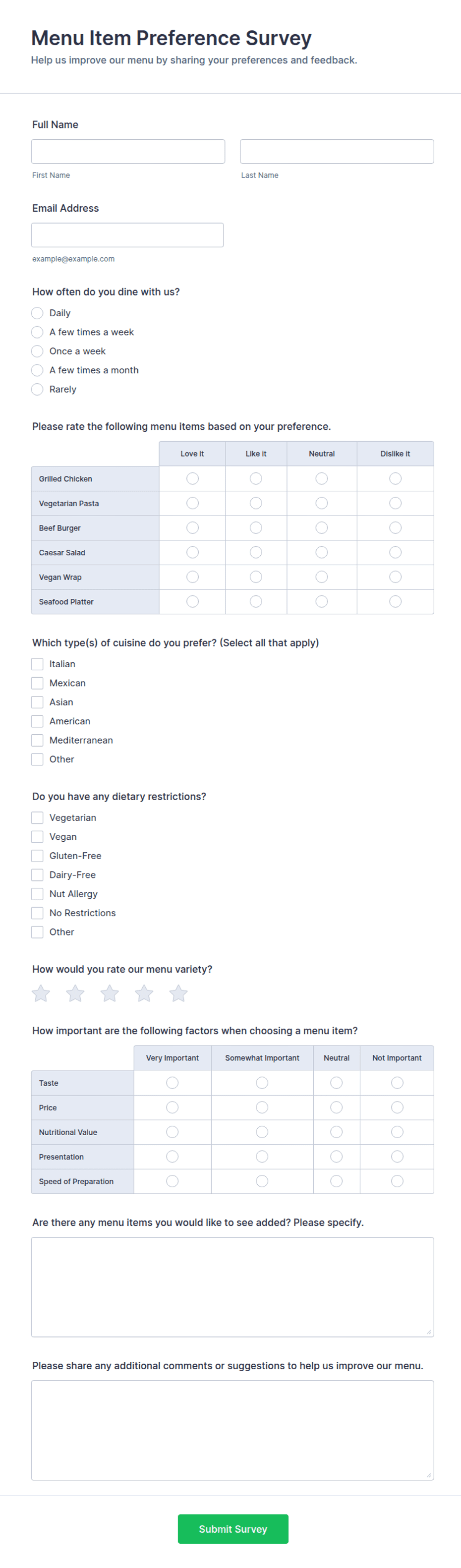 Menu Item Preference Survey Form Template | Jotform