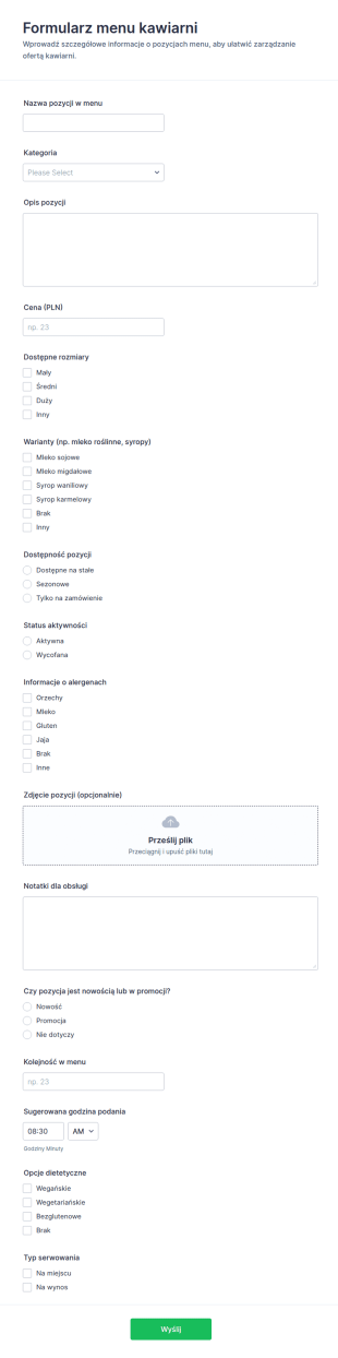 Menu Kawiarni — Formularz
