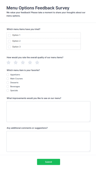 Menu Options Feedback Survey Form Template