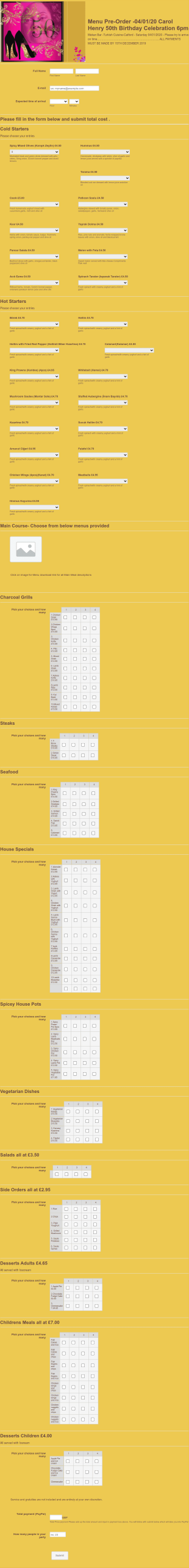 Menu Pre Order Form Template