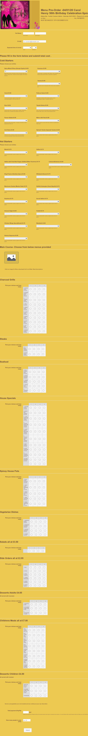 Menu Pre Order Form Template