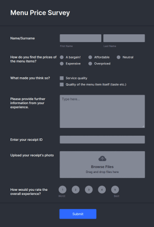 Menu Price Survey Form Template