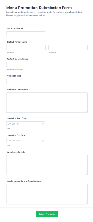 Menu Promotion Submission Form Template
