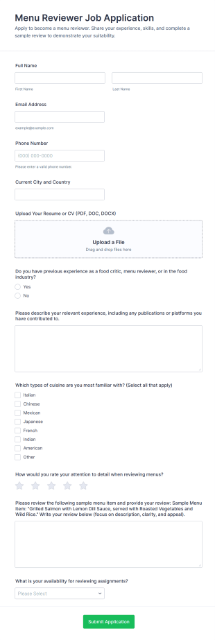 Menu Reviewer Job Application Form Template
