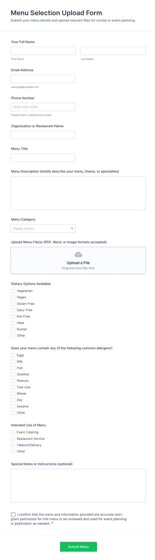 Menu Selection Upload Form Template