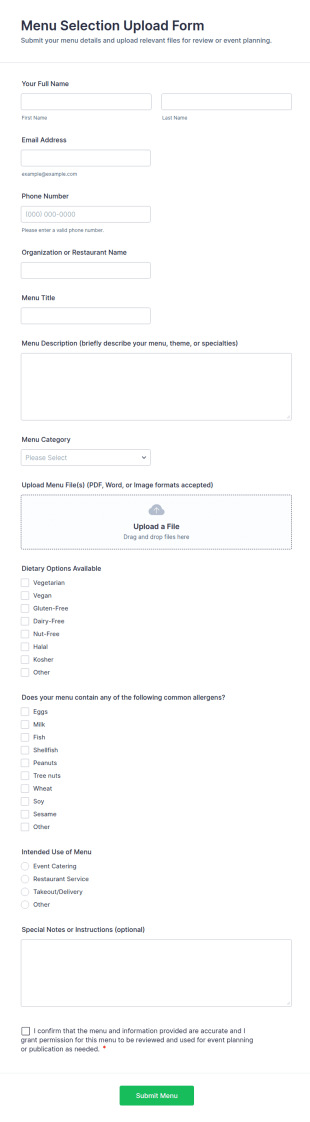 Menu Selection Upload Form Template