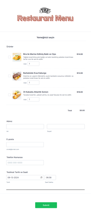 Menü Sipariş Form Template