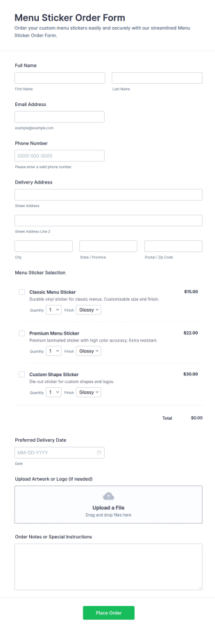 Menu Sticker Order Form Template