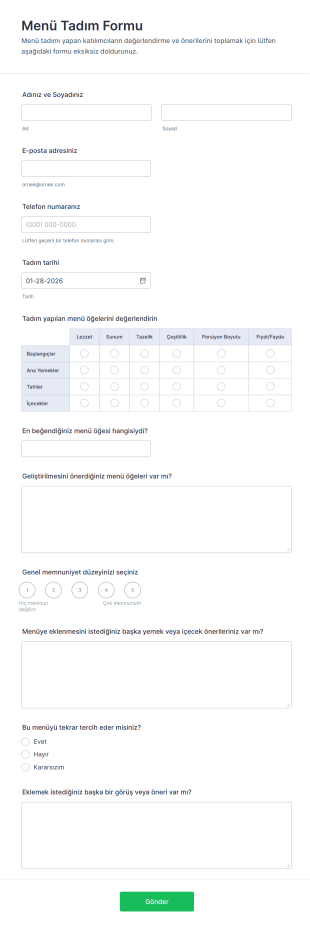 Menü Tadım Form Şablonu