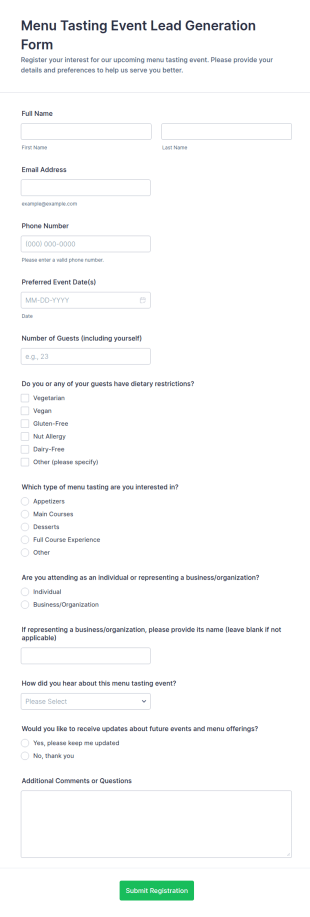 Menu Tasting Event Lead Generation Form Template