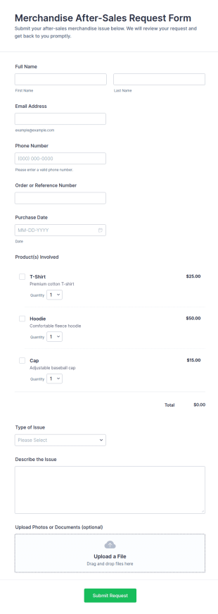 Merchandise After Sales Request Form Template