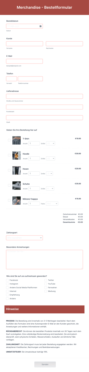 Merchandise Bestellformular Form Template