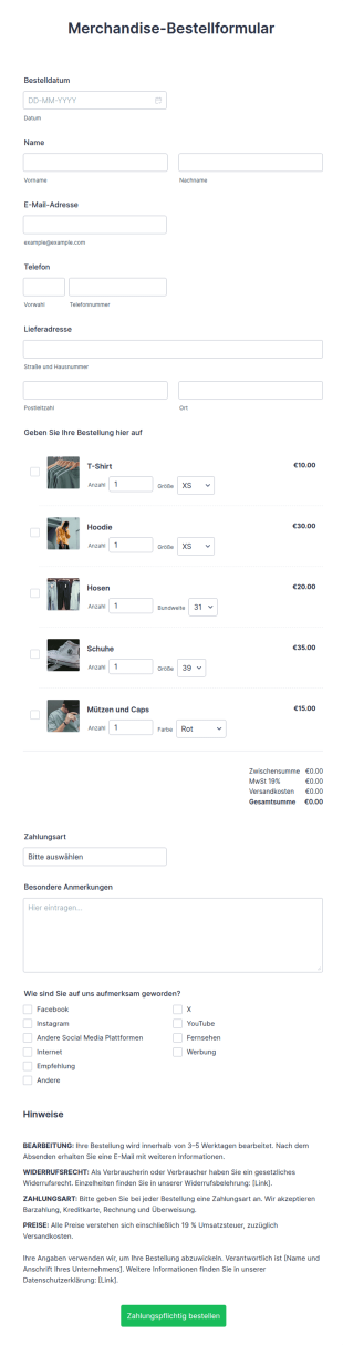 Merchandise Bestellformular