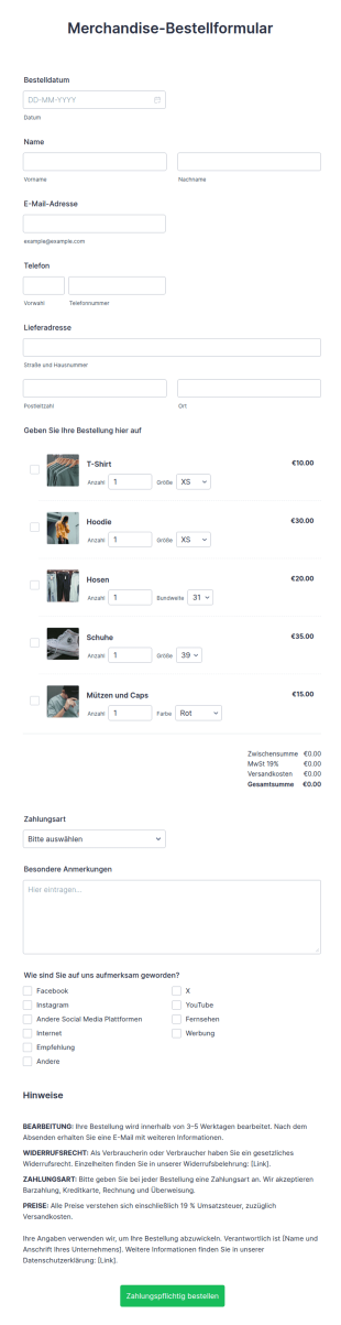 Merchandise Bestellformular