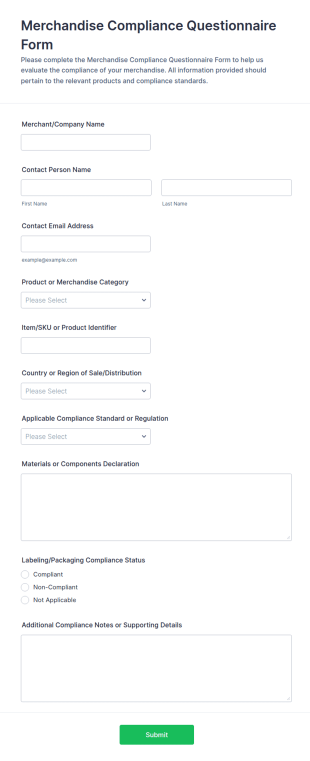 Merchandise Compliance Questionnaire Form Template