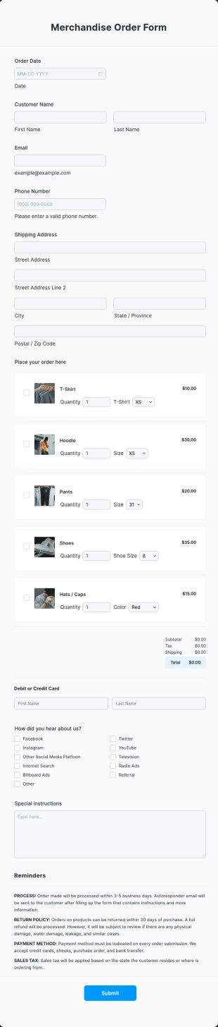 Merchandise Order Form Template