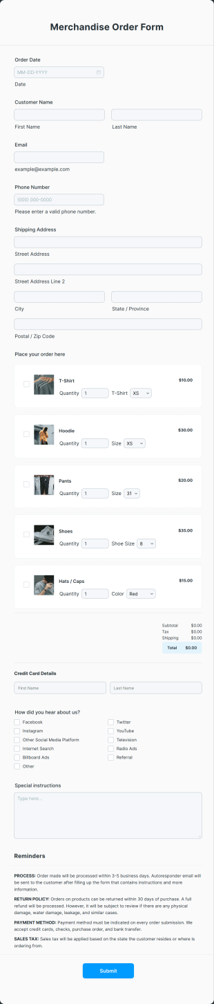 Merchandise Order Form Template