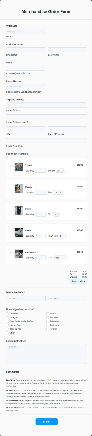 Merchandise Order Form Template
