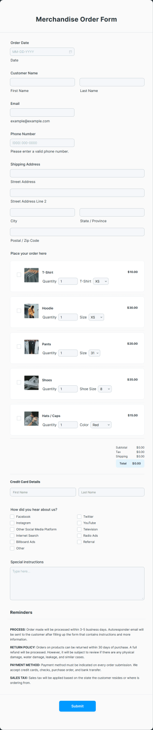 Merchandise Order Form Template