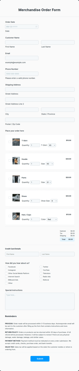 Merchandise Order Form Template