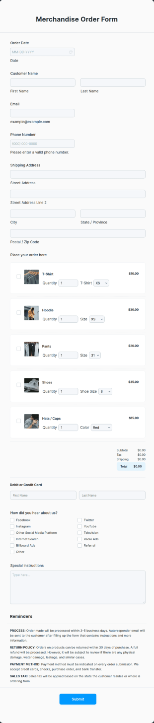Merchandise Order Form Template