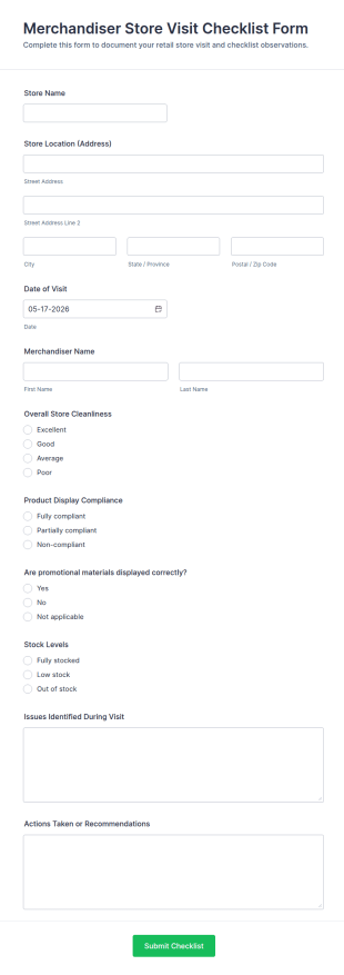Merchandiser Store Visit Checklist Form Template