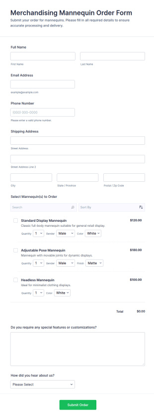 Merchandising Mannequin Order Form Template