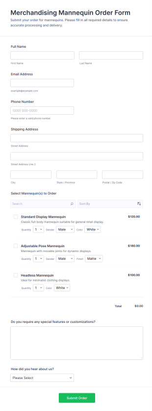 Merchandising Mannequin Order Form Template