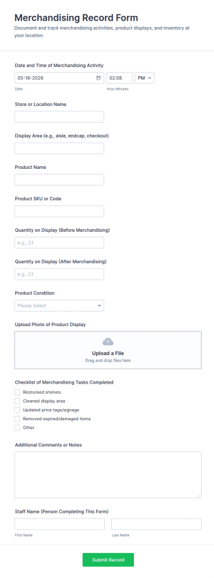 Merchandising Record Form Template