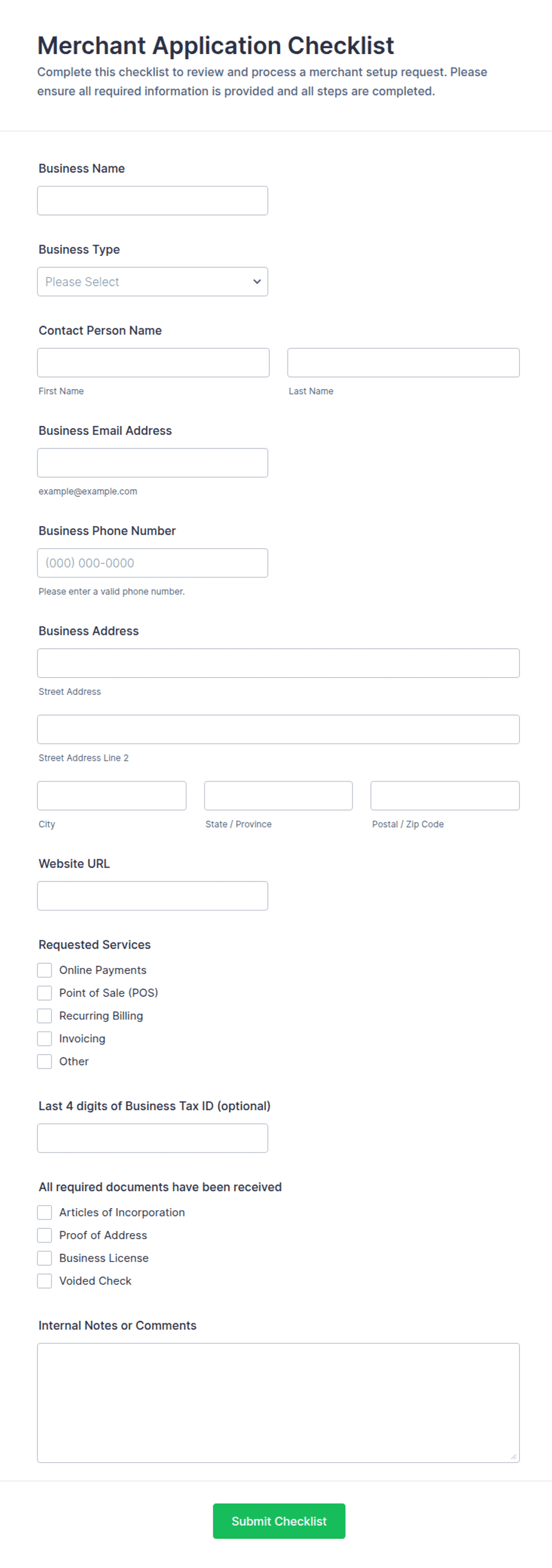 Merchant Application Checklist Form Template | Jotform