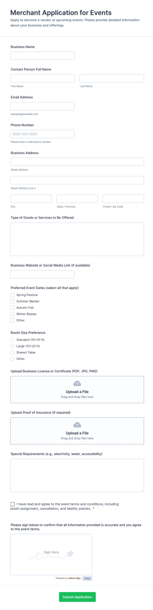 Merchant Application For Events Form Template