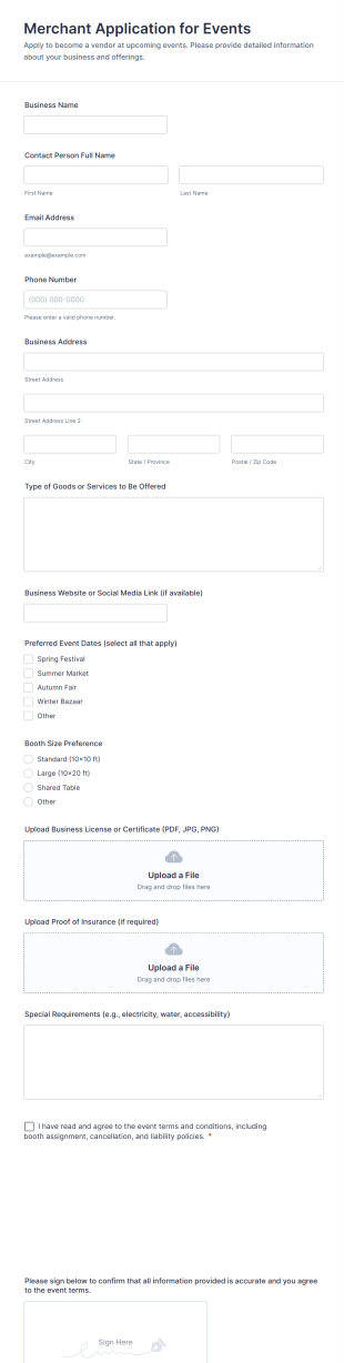 Merchant Application For Events Form Template