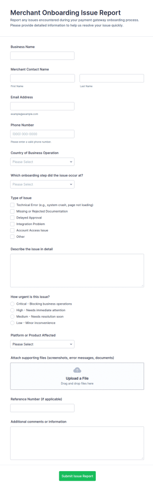 Merchant Onboarding Issue Report Form Template